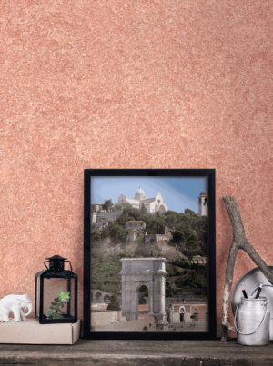 （壁）VALPAINT：Arteco'7 / なめらかな石のような風合いか、そこに細かいチップを入れることでより粗めの石の風合いを出すか選ぶことができるArteco'7。こちらの写真はチップを入れずに仕上げたテラコッタのような色合いのArteco'7を壁に塗装した事例。単一的な色ではなく複数色で仕上げるため、そのムラ感が非常に優しげな印象を作り出している。